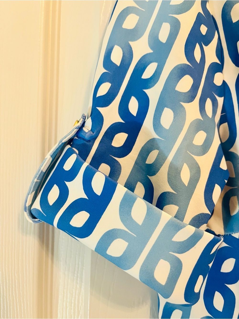 J.McLaughlin Blue & White Geometric Print Button Front Blouse - Picture 7 of 12